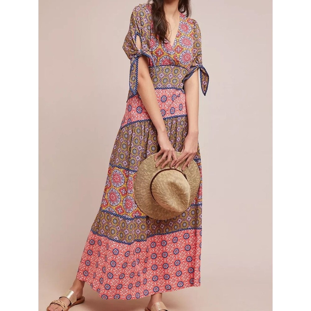 Maeve Anthropologie Eder Tiered Maxi Dress Womens 0 Multi Floral Colorful Boho